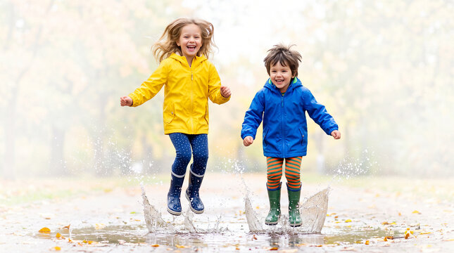 Children jumping in puddles wearing colorful rain boots