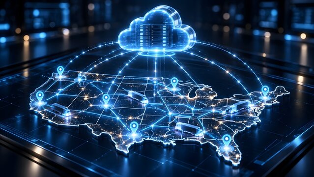Glowing holographic cloud server hovering over a map of the USA connecting logistics trucks representing national digital freight network