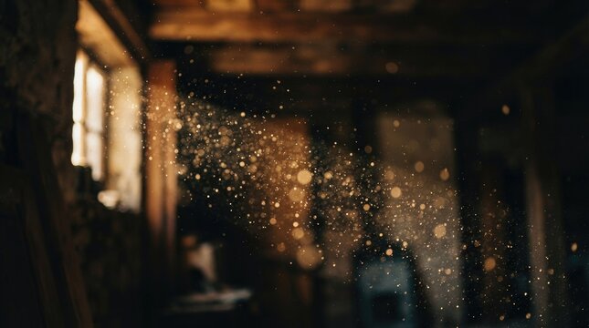 Dust motes dance in a beam of light within a dilapidated, wooden structure. The light illuminates a window, casting a warm glow on the aged walls and floorboards.