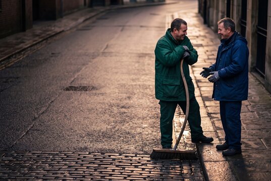 Two cheerful street sweepers in workwear talking and taking a break on a cobbled city street in early morning light
