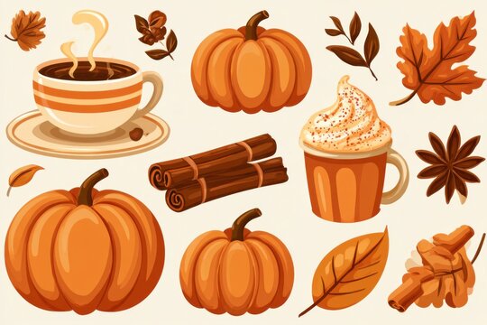 Autumn Pumpkin Spice Coffee Cup Leaves Vector Clipart Set
