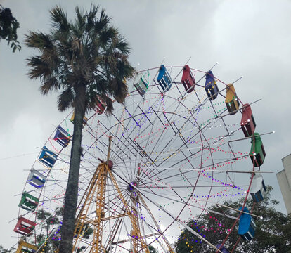 Rueda de la fortuna iluminada con luces de colores junto a una palmera bajo un cielo nublado.