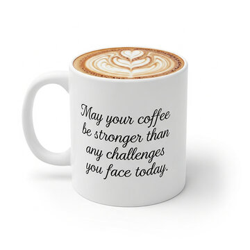 White coffee mug with inspirational quote may your coffee be stronger than any challenges you face today and latte art