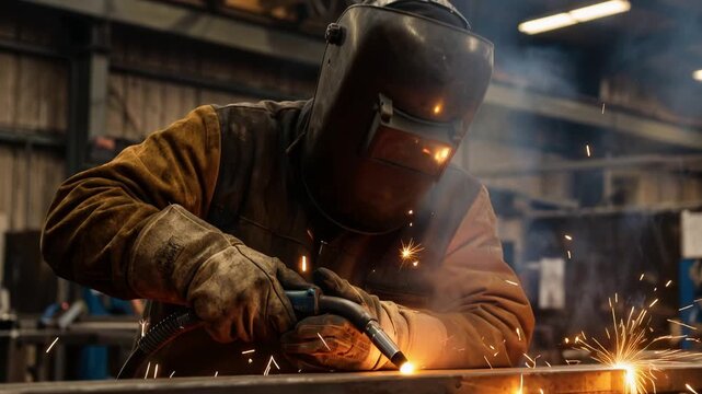 Industrial welder wearing protective gear, performing metal welding amid bright sparks and intense light inside modern factory workshop, 4K video