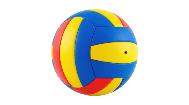 Synthetic leather indoor volleyball featuring a bright tri-color paneled design, a soft microfiber composite surface, and perfect spherical inflation. Photorealistic, front 3/4 view, square