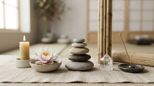A serene still life arrangement features a candle, a lotus flower, stacked river stones, a crystal, and incense sticks on a textured linen cloth.