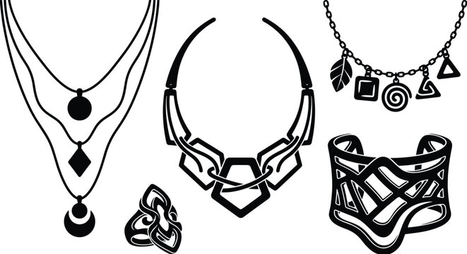 Black Boho Geometric Jewelry Vector Collection Featuring Multi Layered Pendant Necklace, Geometric Collar, Charm Anklet Bracelet, Filigree Cutout Cuff
