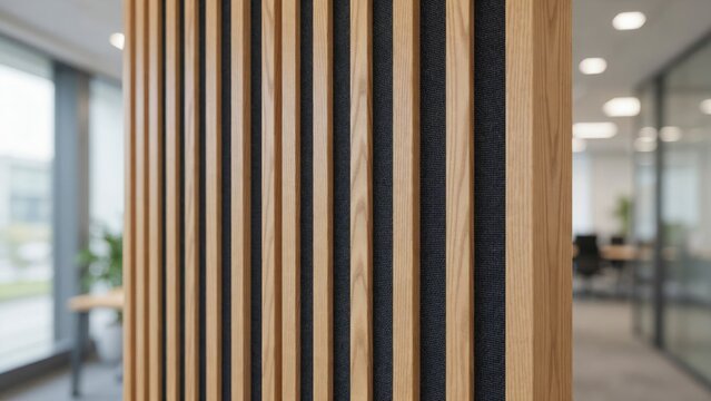Vertical oak wood slat wall panel with dark felt background