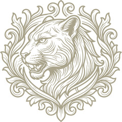 Fototapeta premium Elegant Engraving Illustration of a Fierce Panther Head Framed in Ornate Baroque Style Foliage on White Background