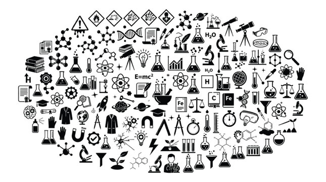 A dense arrangement of scientific and medical icons, featuring test tubes, DNA strands, safety symbols, and educational elements, clustered into an oval composition on a white backdrop for use in.