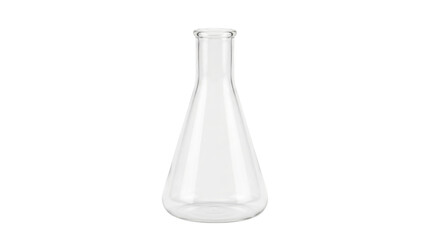 Fototapeta premium A clear laboratory Erlenmeyer flask with a wide conical glass body, flat base, narrow cylindrical neck, smooth transparent walls, and precise scientific glassware proportions without markings.