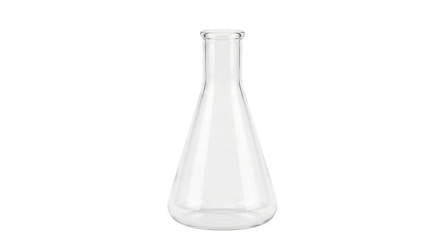 A clear laboratory Erlenmeyer flask with a wide conical glass body, flat base, narrow cylindrical neck, smooth transparent walls, and precise scientific glassware proportions without markings.