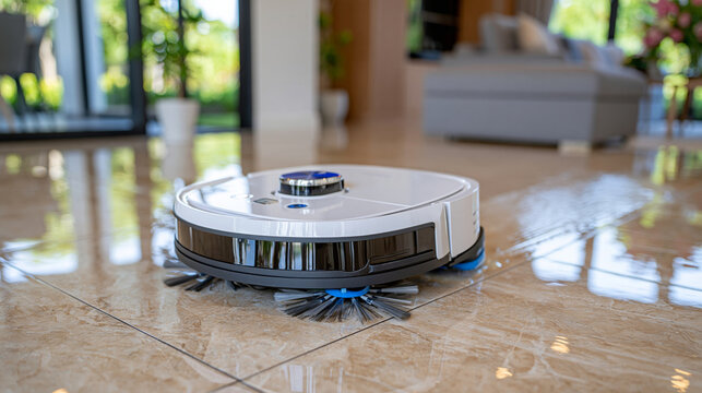 Modern robotic floor scrubber actively cleaning a spacious tiled floor, angled perspective showing rotating brushes beneath the machine and a clean path behind it, polished ceramic tiles with realis
