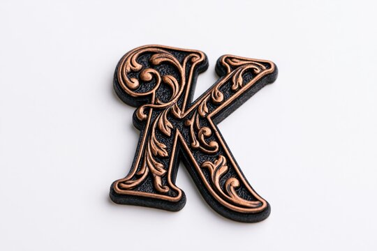 The Ornate Copper Letter K with Filigree Embellishments on White Background