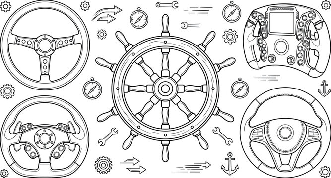 Steering wheels and helm line art vector set featuring racing simulation controllers ship wheel marine compass anchors gears icons