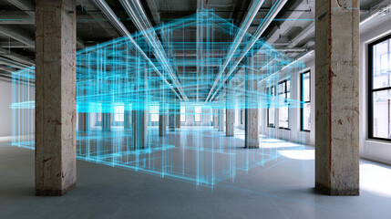 Obraz premium Digital building blueprint hologram displaying a virtual architecture wireframe structure in a modern industrial loft space, merging augmented reality and construction technology concepts