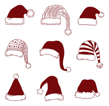 Santa Claus hats set. Christmas red caps with fur, knitted winter hats, striped elf caps, and festive headwear line art icons. New Year celebration costume elements vector illustration set. Holiday ac
