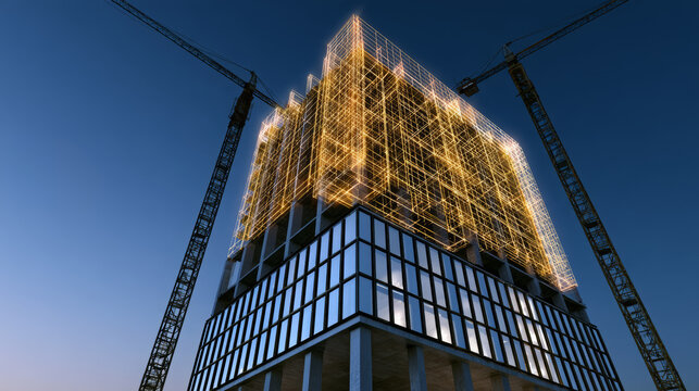 Building design progress with digital wireframe showing smart architecture and bim model data over modern skyscraper construction site at night