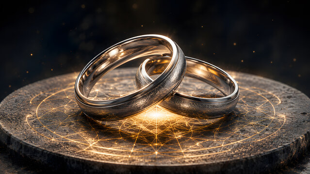Two classic platinum wedding rings interlocking on a dark stone surface with golden glowing geometric light patterns