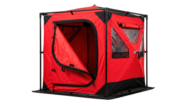 Ice fishing tent with compact insulated cube-shaped shelter, bright weather-resistant fabric, reinforced frame, zippered entrance, and practical winter angling design. Photorealistic, front 3/4 view,