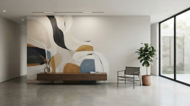 A modern interior showcases a large abstract wall mural on a white wall. A sleek wooden bench sits beneath the mural, complemented by a comfortable armchair and a potted plant.