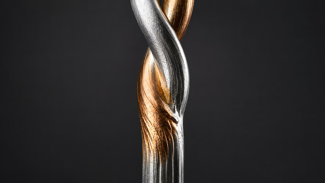 Polished liquid silver and copper metal streams twisting together to form a vertical spiral structure against a dark studio background
