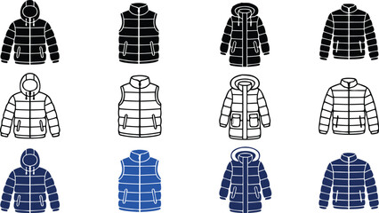 Winter Outerwear Jacket and Down Vest Silhouette Vector Icon Set with Hooded Parkas Puffer Coats and Line Elements for Apparel Graphic Designs © Sujat