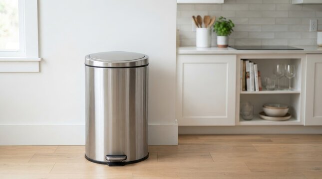 A stainless steel step trash can sits on a wooden floor in a bright kitchen. The trash can has a silver finish and a black base.