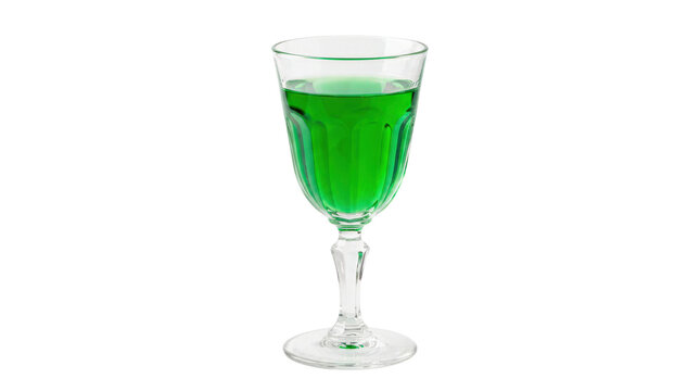Absinthe glass filled with vivid translucent emerald-green spirit, elegant vintage-style glass form and striking refined appearance, classic herbal alcoholic beverage; photorealistic beverage