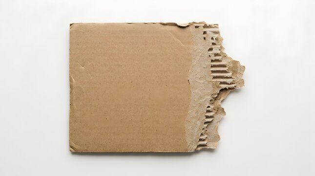 Torn corrugated cardboard sheet with rough edges on plain white background