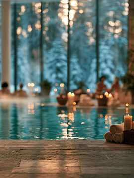 Serene indoor winter spa pool with snowy forest view, candles, rolled towels and warm reflections for wellness retreat, resort advertising and relaxation backgrounds