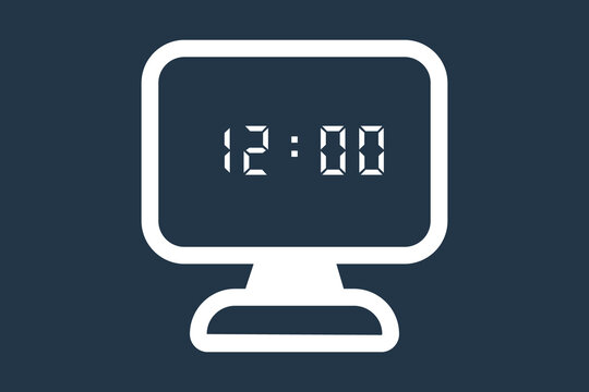 A digital clock on the monitor with a white outline, displaying 12:00 against a navy blue background.