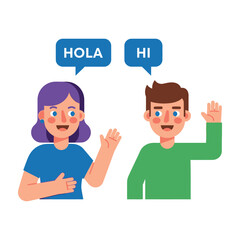 Young man and woman waving hands saying hello with speech bubbles in flat style © MDMOSTOFA