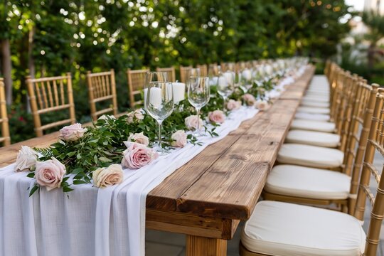 The Long Wooden Table Set for Outdoor Wedding Celebration with Flowers and Glasses