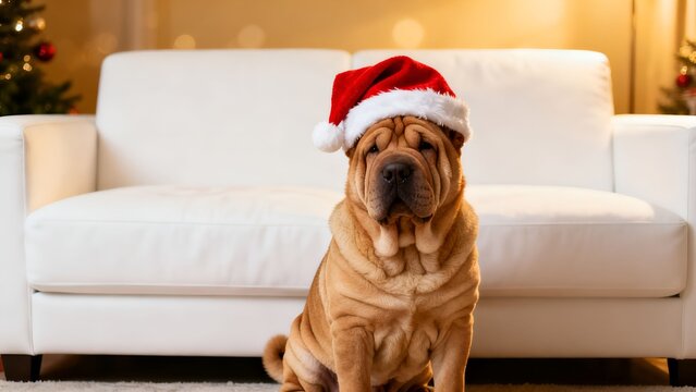 Cute Shar Pei Dog Wearing Santa Hat Sitting in Front of White Sofa, Adorable Christmas Pet Portrait for Holiday Celebration and Winter Festive Decor