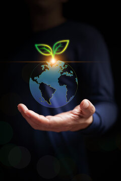 Hand holding Earth globe with green sprout and leaves. Environmental sustainability, sustainable growth, global ecology, ESG, renewable green technology, and climate protection. Vertical photo.