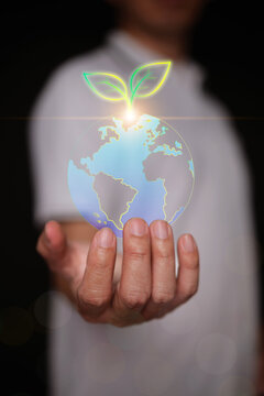 Hand holding Earth globe with green sprout and leaves. Environmental sustainability, global ecology, ESG initiatives, renewable green technology, and climate protection vertical stock photo.