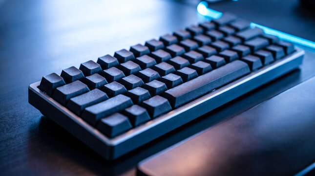 Sleek compact mechanical keyboard with black keycaps and subtle blue backlighting resting on a dark wooden desk ready for intense gaming sessions or productive typing tasks.
