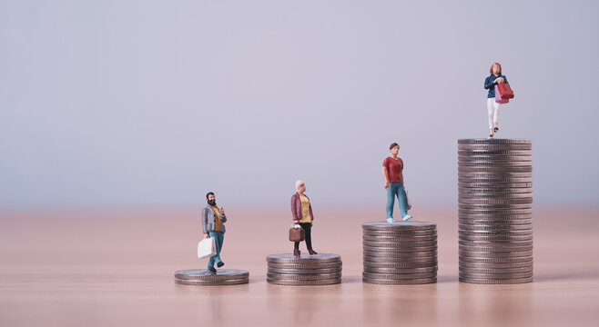 Lifestyle inflation concept with miniature people standing on rising stacks of coins, symbolizing increased spending, income growth, higher living costs, financial pressure and personal finance.
