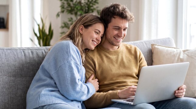 A happy young couple sitting on a couch and looking at a laptop together with smiles.
