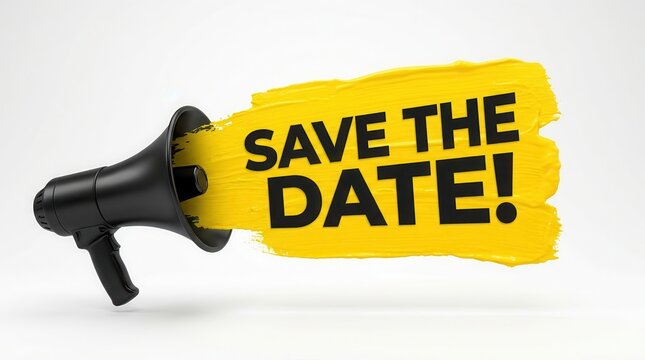 A megaphone icon with a yellow paint stroke and save the date text for events.