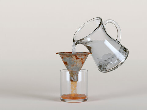 Photorealistic water poured through rusty metal funnel into clear glass symbolizes contamination art
