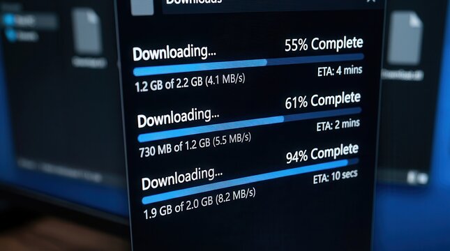 Real time data download progress bars on a digital computer screen interface.