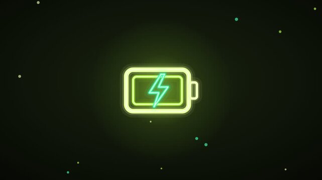 Lime and yellow neon charging battery glowing neon animated icon on soft gradient background, eco concept