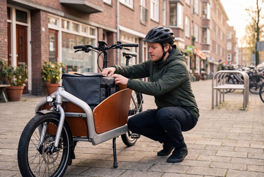 Male Courier with Helmet Adjusting Insulated Thermal Bag on Cargo Bike in European City Street