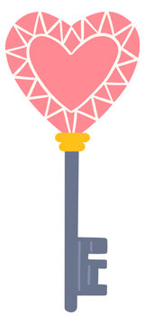 Handdrawn vintage gray key with a pink gem heart, symbol of love and romance