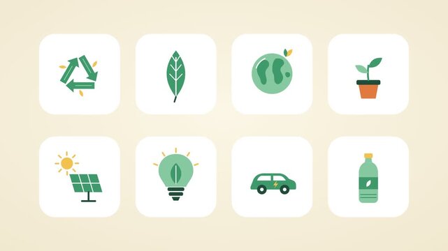 Green and beige flat design eco icon set animation, 8 ecology and recycling icons