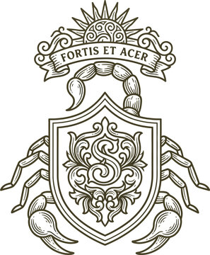 Front view of a heraldic scorpion coat of arms shield with monogram S and Latin motto Fortis Et Acer vintage illustration.
