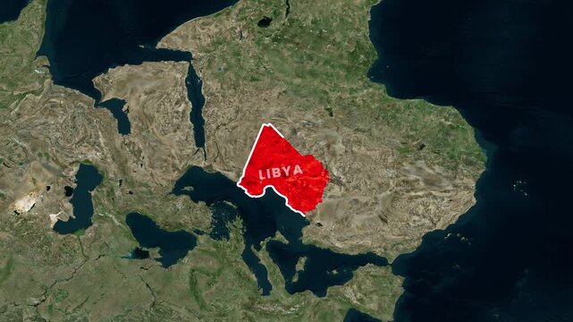 Libya map highlighted in vibrant red color on global satellite earth view motion video clip