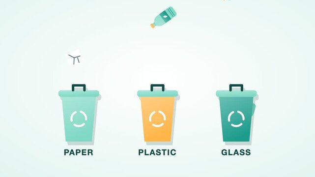Teal and mint waste sorting bins with falling paper, plastic bottle, glass jar, gradient flat recycling animation